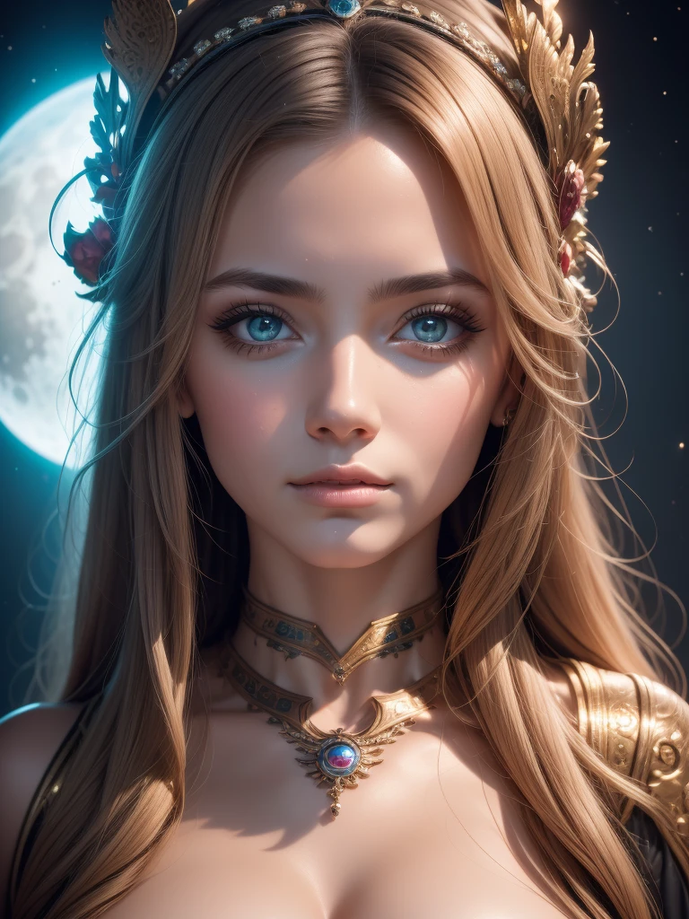 （Best quality，Ultra - details，best illustration，best shadow，the masterpiece，a high resolution，Professional illustrations，famous works of art），detailed eyes，beautiful eyes，Cleavage close up，Sci-fi，colored sclera，robot eyes，marks on the face，Tattooed with，（fractalized，fractal eyes），big eyes，Eyes wide open，（eye focus），focus on the face，cosmic eyes，cosmic eyes，Close-up of a metal sculpture of a woman with the moon in her hair，welcome。Extremely high detail，3D Portrait Goddesses，Extremely detailed depictions of the goddess，stunning portrait of a goddess，Side image of the goddess，Portrait of a beautiful goddess，Full length portrait of the goddess.，The goddess Hekta，Portrait of the Scandinavian moon goddess，Goddess of space and time