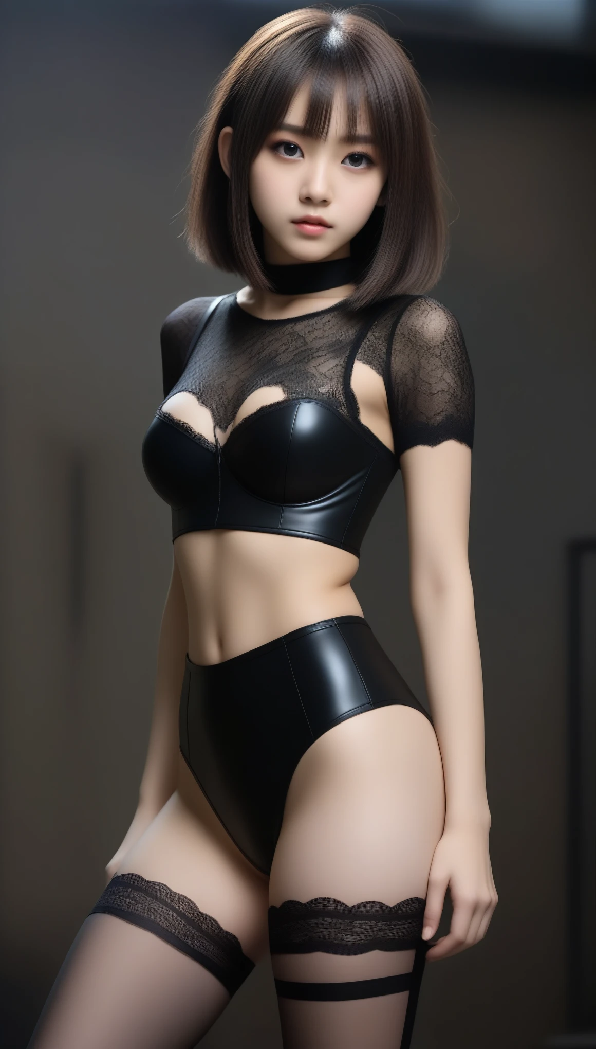 8k, Ultra-high resolution, highest quality, masterpiece, Surreal, photograph, 1 girl, (16 years old:1.3), pretty girl, Cute Face, Beautiful eyes in every detail, 細かくdetailedに,masterpiece,, One Girl:1.2, Japan Female Announcer, Ghoulish cyberpunk woman,Bob Haircut,(Futuristic Leotard:1.05),Lace blouse,(lace stockings with garters), Are standing, (In a post-apocalyptic scenario:1.2),Expression of despair,Dark and atmospheric lighting, This pose expresses a somber ecstasy.,Bold Pose,Looking at the audience、beauty,Long neck、Laugh a little、Please close your mouth and laugh、(((Ideal body type))),A cup small breasts :2,、Portraiture:2、Perfect Anatomy、鮮明なdetailed、detailed、Surreal、Light and shadow,Strong light