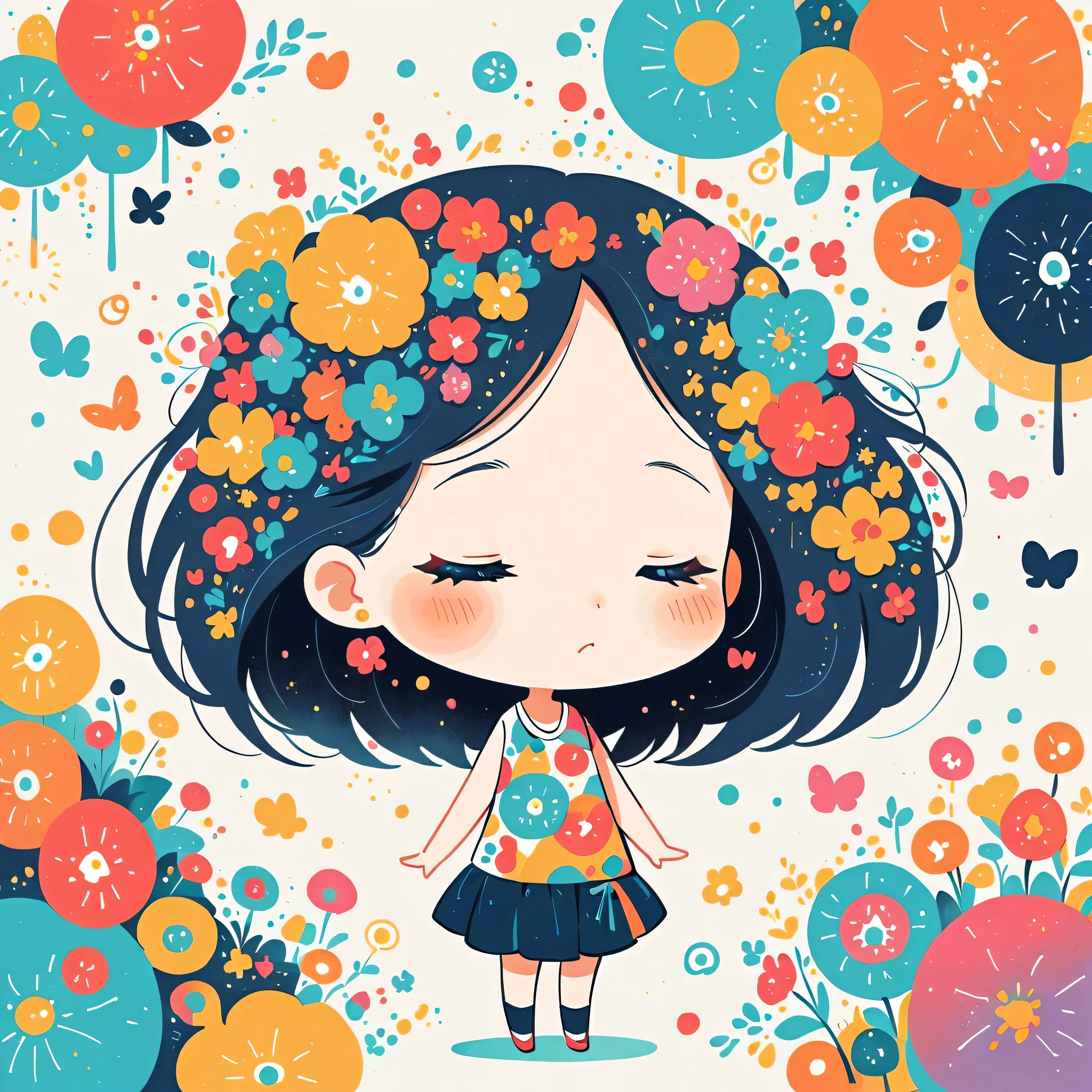 Hayao Miyazaki style, Standing in front of a high wall，Simple Line Initialism，Abstract art, (((The most beautiful girl))), (((chibi))), colorful flowers,
