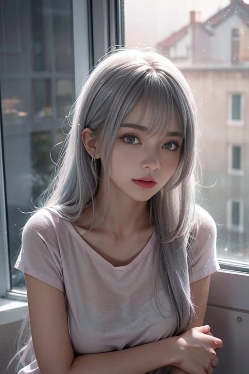 Leaning against the window, sad, Silver Hair, Hair bangs, Shiny Hair, Skin pores, Glowing Skin, Pink T-shirt, In the room, Rain outside the window, night, Lovely, beautiful, naked