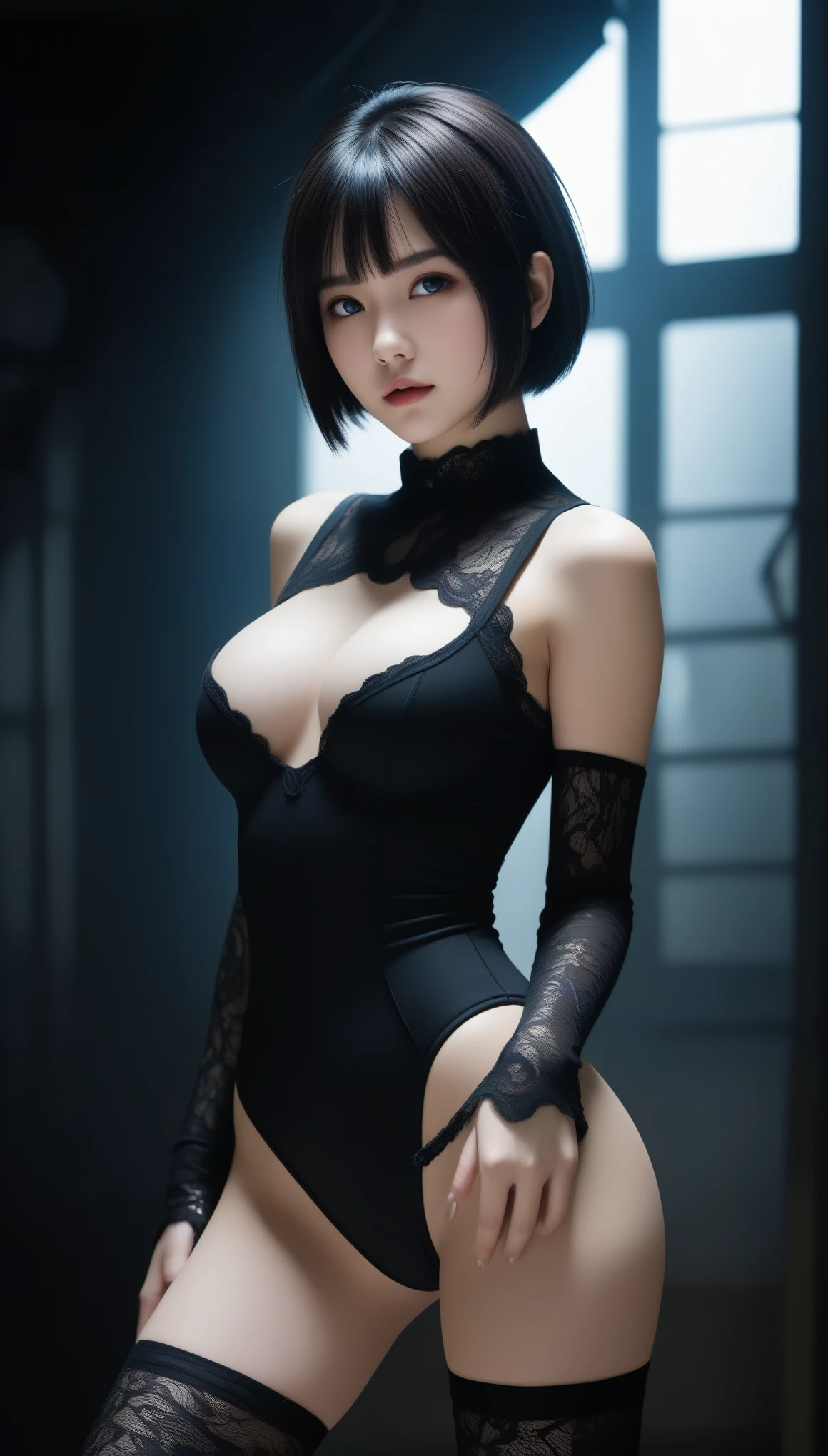 8k, Ultra-high resolution, highest quality, masterpiece, Surreal, photograph, 1 girl, (16 years old:1.3), pretty girl, Cute Face, Beautiful eyes in every detail, 細かくdetailedに,masterpiece,, One Girl:1.2, Japan Female Announcer, Ghoulish cyberpunk woman,Bob Haircut,(Futuristic Leotard:1.05),Lace blouse,(lace stockings with garters), Are standing, (In a post-apocalyptic scenario:1.2),Expression of despair,Dark and atmospheric lighting, This pose expresses a somber ecstasy.,Bold Pose,Looking at the audience、beauty,Long neck、Laugh a little、Please close your mouth and laugh、(((Ideal body type))),A cup small breasts :2,、Portraiture:2、Perfect Anatomy、鮮明なdetailed、detailed、Surreal、Light and shadow,Strong light