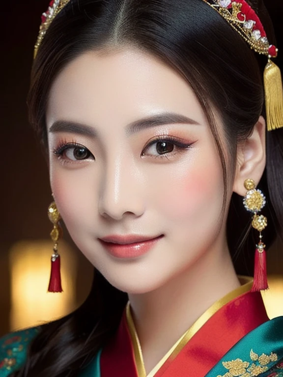 Close-up of a woman wearing a black dress, red and green, traditional chinese, Chinese style, Chinese woman, traditional makeup, Chinese girl, Chinese princess, Asian face, oriental face, Empress of China, Chinese dress, Chinese dress, traditional beauty, Southeast Asians with round faces, Inspired by Tang Di, Chinese heritage, Gorgeous Chinese model, traditional, beautiful oriental woman