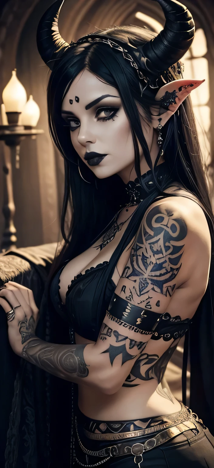 woman with a pair of horns on her head, tattoos and a gothic style