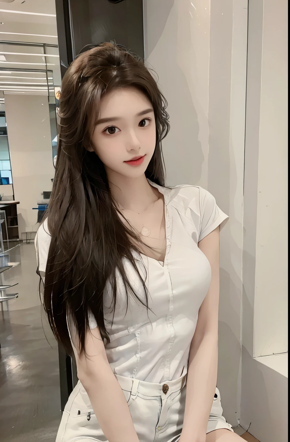 Practical, high resolution, 1 girl, long hair, Korean,, Loose white shirt, Skinny denim shorts,, thigh,