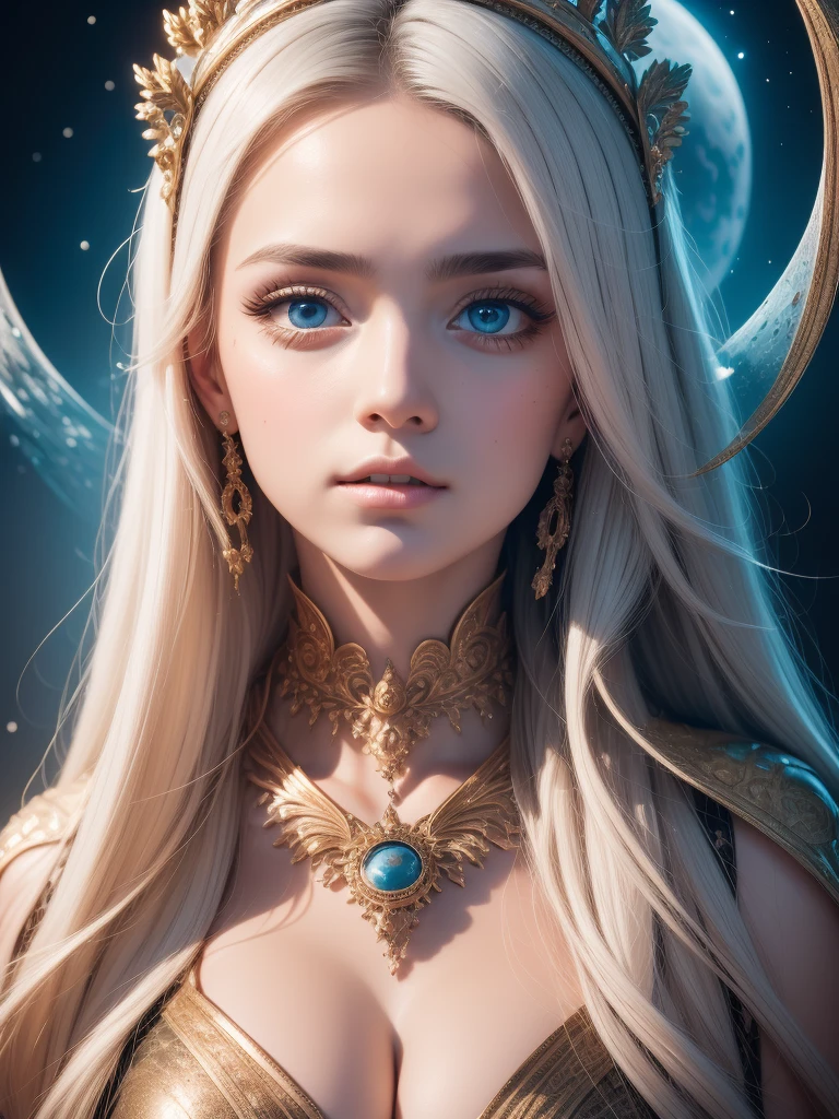 （Best quality，Ultra - details，best illustration，best shadow，the masterpiece，a high resolution，Professional illustrations，famous works of art），detailed eyes，beautiful eyes，Cleavage close up，Sci-fi，colored sclera，robot eyes，marks on the face，Tattooed with，（fractalized，fractal eyes），big eyes，Eyes wide open，（eye focus），focus on the face，cosmic eyes，cosmic eyes，Close-up of a metal sculpture of a woman with the moon in her hair，welcome。Extremely high detail，3D Portrait Goddesses，Extremely detailed depictions of the goddess，stunning portrait of a goddess，Side image of the goddess，Portrait of a beautiful goddess，Full length portrait of the goddess.，The goddess Hekta，Portrait of the Scandinavian moon goddess，Goddess of space and time