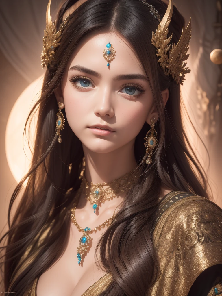 （Best quality，Ultra - details，best illustration，best shadow，the masterpiece，a high resolution，Professional illustrations，famous works of art），detailed eyes，beautiful eyes，Cleavage close up，Sci-fi，colored sclera，robot eyes，marks on the face，Tattooed with，（fractalized，fractal eyes），big eyes，Eyes wide open，（eye focus），focus on the face，cosmic eyes，cosmic eyes，Close-up of a metal sculpture of a woman with the moon in her hair，welcome。Extremely high detail，3D Portrait Goddesses，Extremely detailed depictions of the goddess，stunning portrait of a goddess，Side image of the goddess，Portrait of a beautiful goddess，Full length portrait of the goddess.，The goddess Hekta，Portrait of the Scandinavian moon goddess，Goddess of space and time