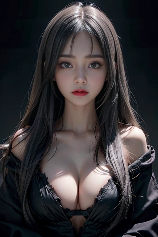 Cleavage, Volumetric lighting、Highly detailed face、One girl、dark、Deep Shadow、Low Key、Cowboy Shot、(Formula Services:1.4)、Hair length、Gray Hair、naked