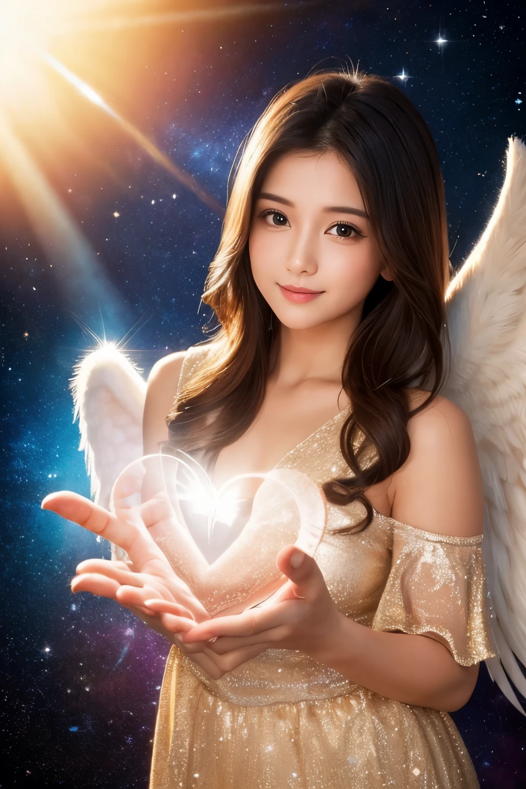 Heart in hand　Beautiful angel　Background Universe