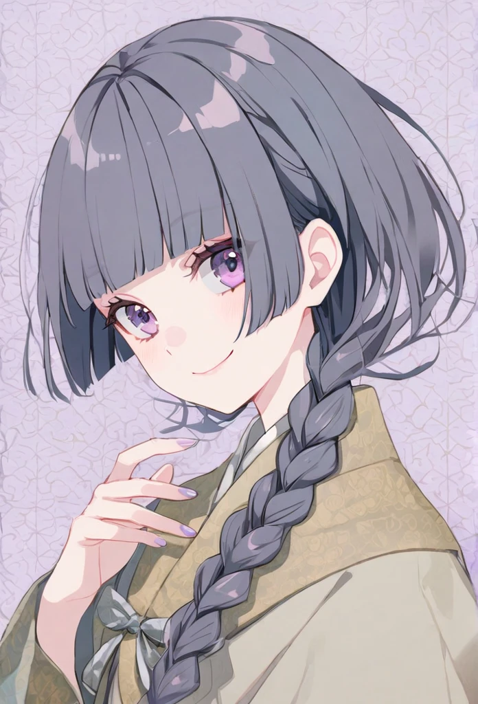 lavender patterned background, pale color,(chici:1.5),1girl, braid, blunt bangs, smile,