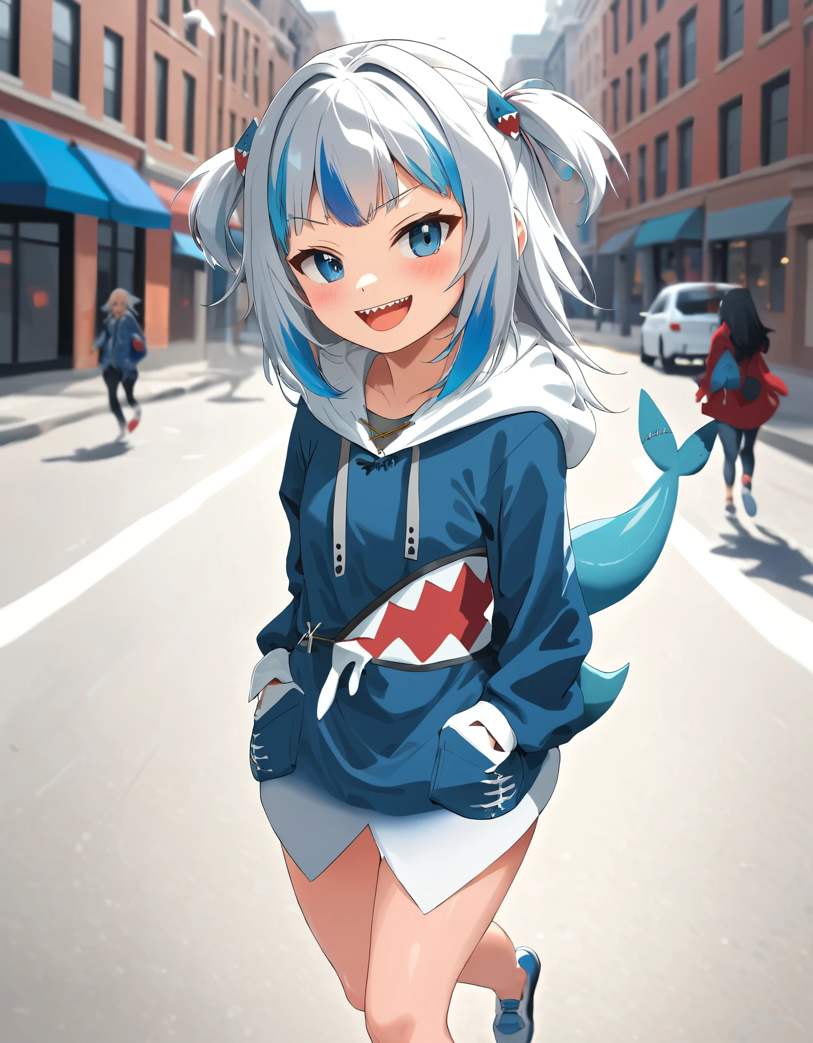 gawr gura, teeth, solo, tail, sharp teeth, shark tail, shark girl, hood, looking at viewer, hoodie, smile, blush, open mouth,  hair ornament, walking on a city street at daytime,  blue nails,