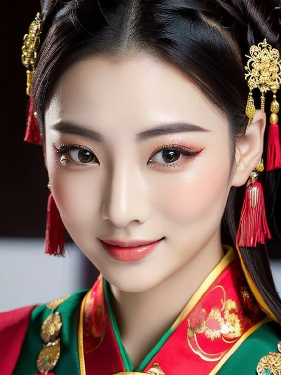 Close-up of a woman wearing a black dress, red and green, traditional chinese, Chinese style, Chinese woman, traditional makeup, Chinese girl, Chinese princess, Asian face, oriental face, Empress of China, Chinese dress, Chinese dress, traditional beauty, Southeast Asians with round faces, Inspired by Tang Di, Chinese heritage, Gorgeous Chinese model, traditional, beautiful oriental woman
