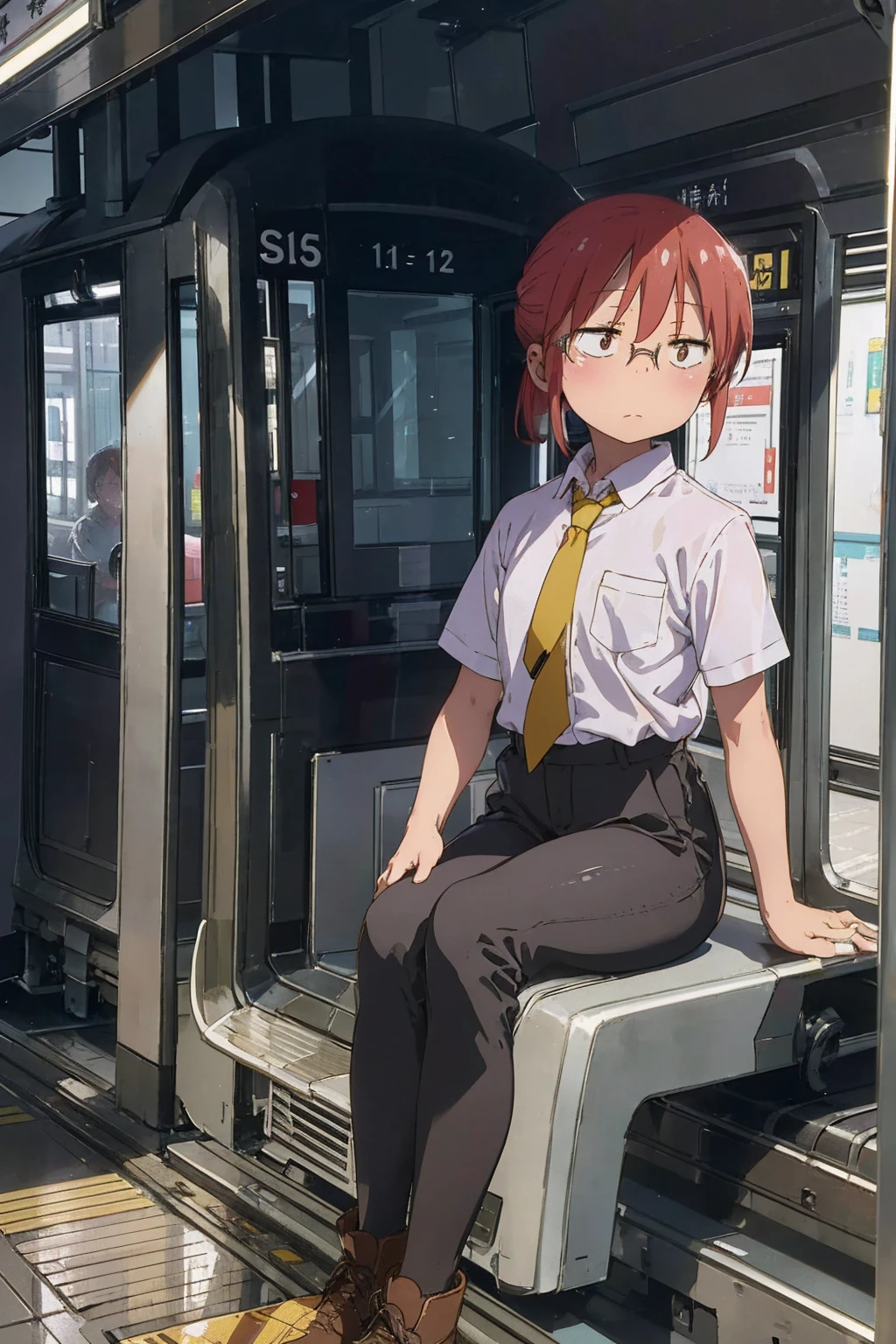 absurderes, solo, masterpiece、top-quality、Kobayashi,1 girl, white shirt, relised yellow tie, black office pants,short sleeves、office shoes, tired, flat chest, Highly detailed body lines, in a subway car, sitting, front view, night, , hand on tits, hand een legs, wet, shy, aroused,