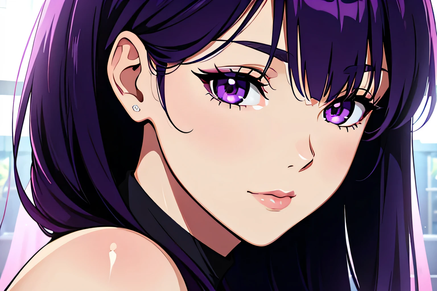 Woman looking this way、(highest quality, Natural light)、Stylish, purple hair, purple eyes, noon,