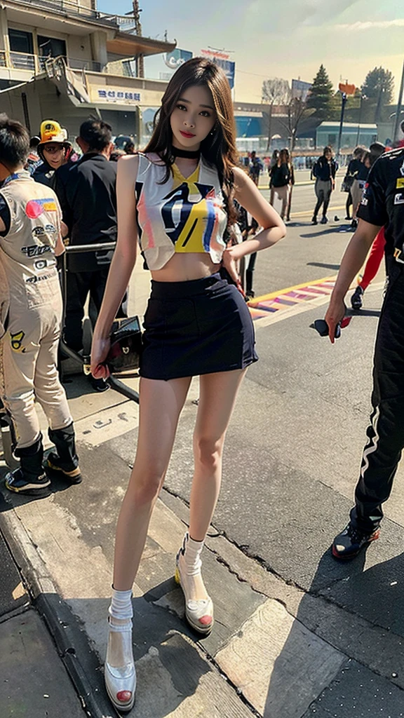  (realistic), (intricate details:1.2), (masterpiece、:1.3), (top quality:1.4), (Ultra A high resolution:1.2), Ultra A high resolution, 8K resolution, very detailed expression, (high quality), complete anatomy, natural anatomy, full body photo, 1 Girl among the crowd, She is Racing model who takes sexy poses with Car racers, 21 years old, (racing model :1.5), (korean:1.8), (beautiful : 1.4), (Shiny blonde banging), (big earrings), heavy makeup, Confusing wording, choker necklace, long legs, (she weared slim and colorful racing model uniform. : 1.6), (sleeveless crop top: 1.4), (mini skirt), (A pair of high heels covering her feet : 1.2), (flesh colored shiny pantyhose), glowing skin, standing, using a parasol, dinamic pose with The men who love her ,(She is being sexually harassed by men : 1.5), (The men grabbed her thighs.), caress, fondle, car festival, raicing ground, (detailed background:1.2),She has enjoy with several Korean men : 1.4), (a happy expression : 1.3), (Formula 1 World Championship : 1.7), (crowd : 1.7)