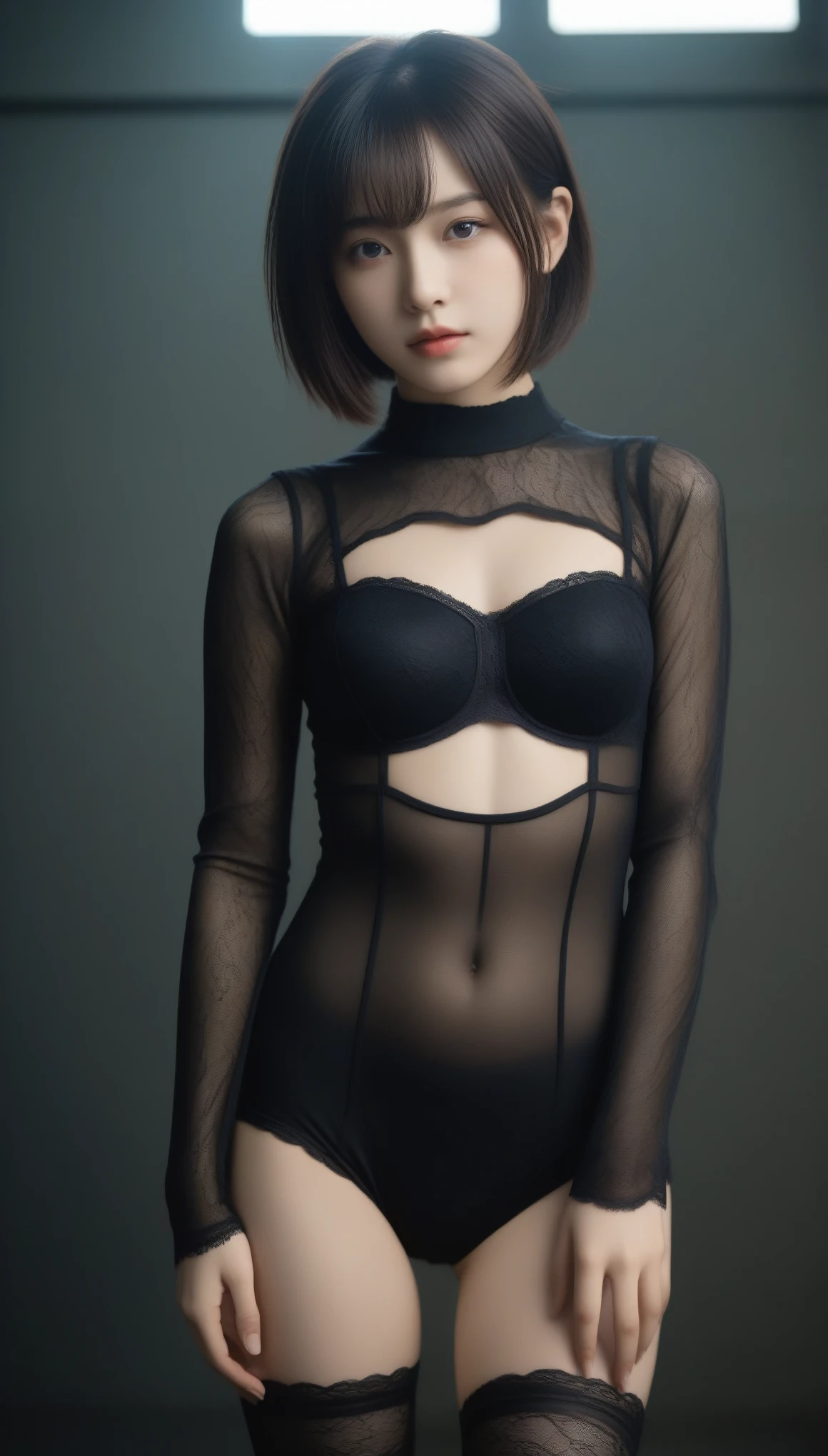 8k, Ultra-high resolution, Highest quality, masterpiece, 三分割法によるphotograph,Surreal, photograph, 1 Girl, (16 years old:1.3), pretty girl, Cute Face, Beautiful eyes in every detail, 細かくdetailedに,masterpiece,One Girl:1.2,Japanese female announcer,cowboy shot,Serious expression,Black short hair,Bob with bangs,Black Lace Lingerie, See through, Look forward, Standing posture, Opposition, Dynamic Lighting, Sharp contours, Light from above, Low contrast, (Side view),Perfect and beautiful face ,完璧でCute Face, Skin with attention to detail, Perfect limbs、Narrow waist,Looking at the audience,(((Ideal body type))),A cup small breasts :2,Portraiture:2,Perfect Anatomy,鮮明なdetailed,detailed,Surreal,Light and shadow,glowing