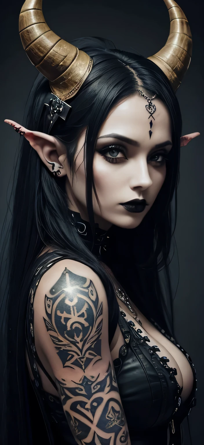 woman with a pair of horns on her head, tattoos and a gothic style