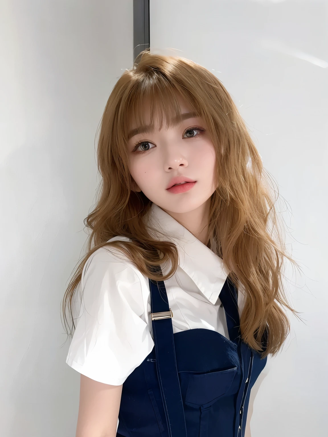 masterpiece, best quality, Girl in white shirt and blue overalls,Brown hair,,Flowing long hair,Long curly hair,Very curly hair,Sweet girl,a girl,Exquisite facial features,