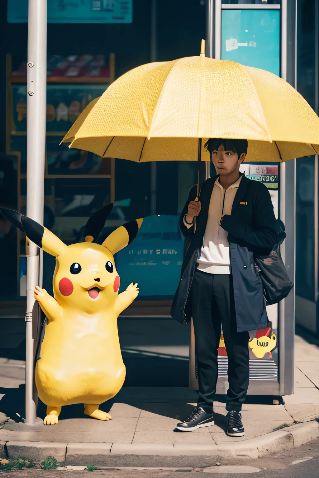 bus stop, Pikachu and a guy with umbrella standing next to each other, cinematic, daytime
