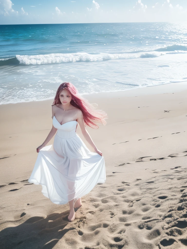 ((masterpiece:1.2, highest quality)), Surreal, Very detailed, Ultra-precise depiction, Ultra-detailed depiction, White Summer Dress, (Take a walk on the sandy beach:1.2,Snow-white sandy beach,tropical), (Dynamic pose), (Abstract background:1.5), Ultra-high resolution, Wavy long hair, Pink Hair, One Girl, colorful, Portraiture, (From above:1.2), Cinema Lighting, Written boundary depth,