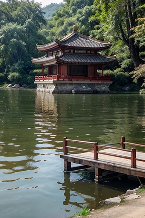 Chinese style house, which stands on the shore of the lake, around which there is a forest