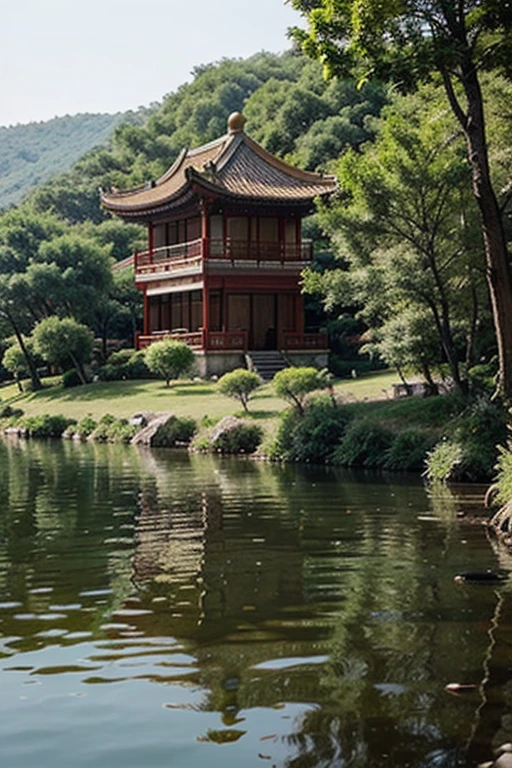 Chinese style house, which stands on the shore of the lake, around which there is a forest