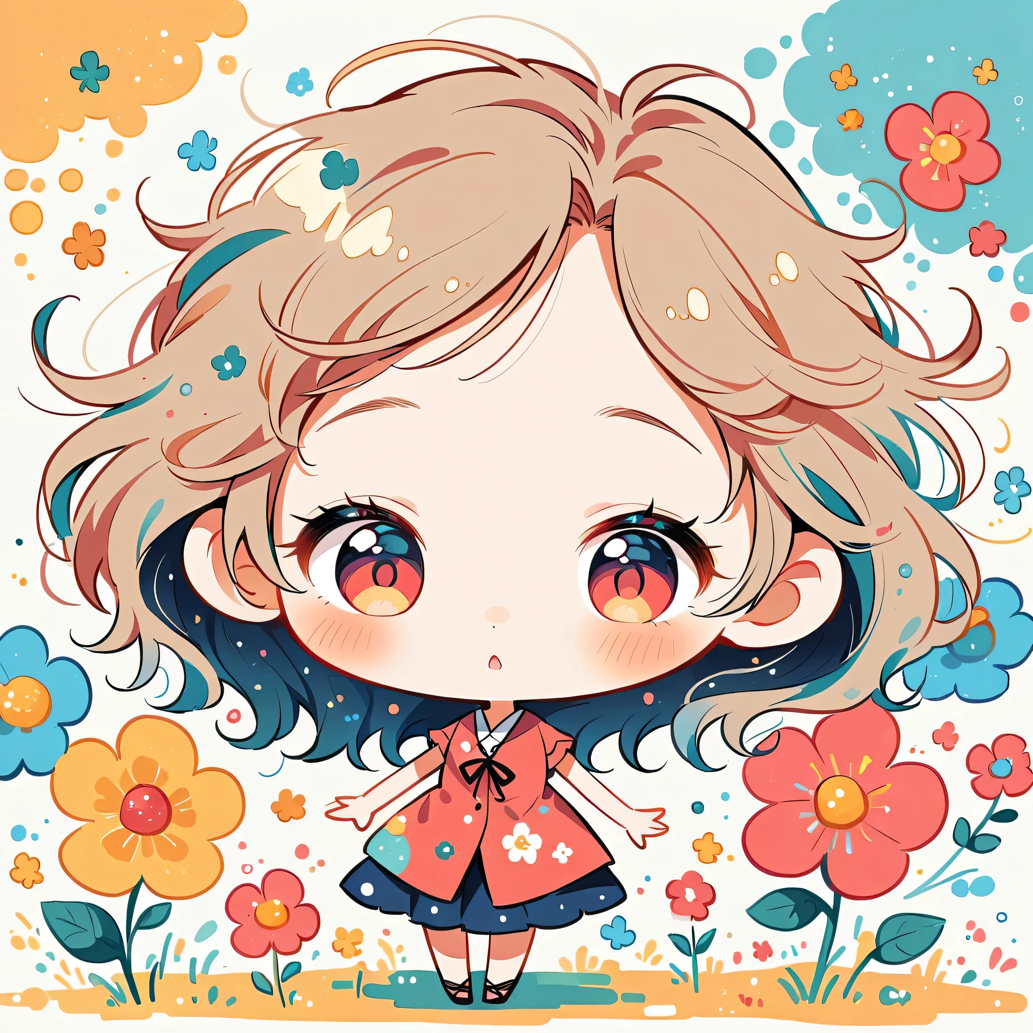 Momoko Sakura style, Standing in front of a high wall，Simple Line Initialism，Abstract art, (((The most beautiful girl))), (((chibi))), colorful flowers,