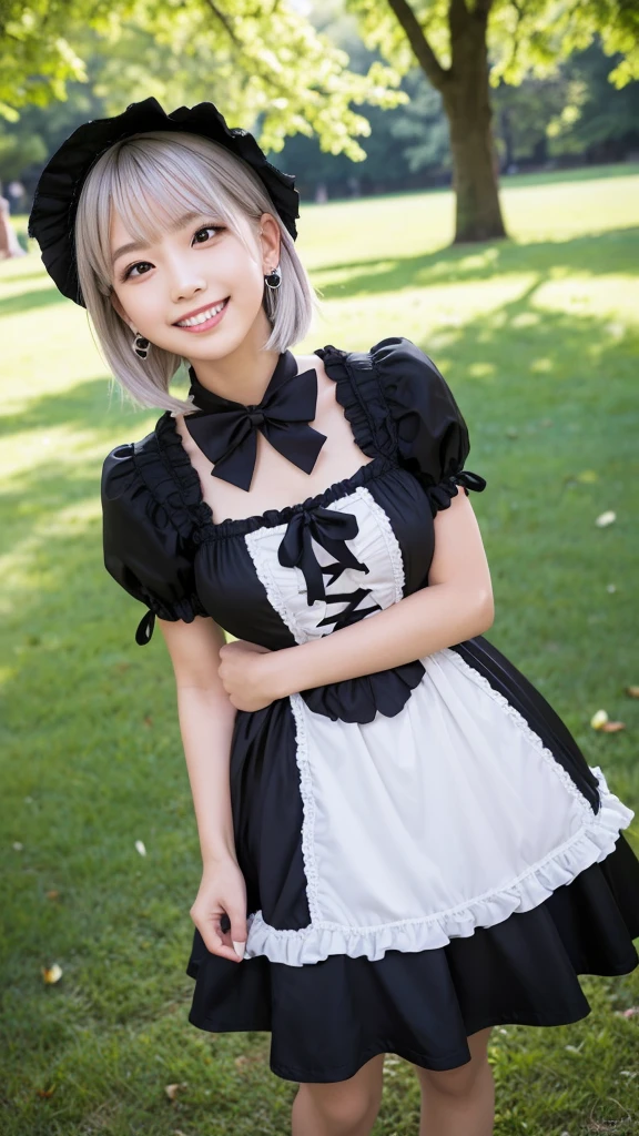 (8k, Photorealistic, Raw photo, Highest quality: 1.4),Japanese idol style1Beautiful girl of the person,18-year-old,Short Bob,Silver Hair,Hang your hair over your ears,Wearing shell earrings in her ears,Big, clear grey eyes,Long eyelashes,Tear bags,There is a blackhead under the left eye,Plump Cheeks,Pink lip gloss for glossy, plump lips,Perfect white teeth,Smiling with the corners of his mouth turned up,barefoot,Wearing a black Gothic Lolita dress,Standing on the grass under a tree in the park,Holding up her skirt with both hands,She is surrounded by the gentle sunlight filtering through the trees.,Full body portrait,View from below,Looking down at the camera