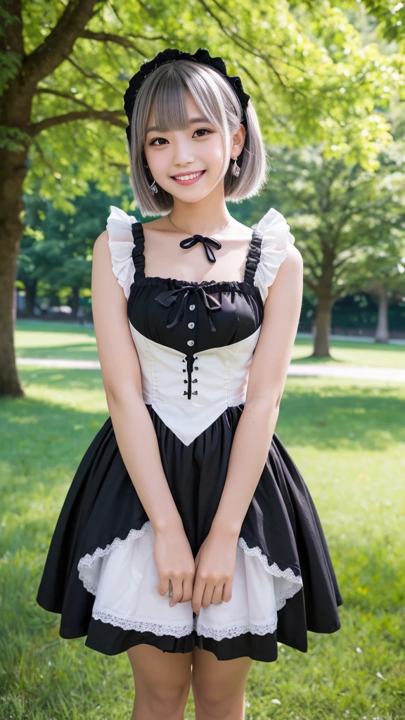(8k, Photorealistic, Raw photo, Highest quality: 1.4),Japanese idol style1Beautiful girl of the person,18-year-old,Short Bob,Silver Hair,Hang your hair over your ears,Wearing shell earrings in her ears,Big, clear grey eyes,Long eyelashes,Tear bags,There is a blackhead under the left eye,Plump Cheeks,Pink lip gloss for glossy, plump lips,Perfect white teeth,Smiling with the corners of his mouth turned up,barefoot,Wearing a black Gothic ta dress,Standing on the grass under a tree in the park,Holding up her skirt with both hands,She is surrounded by the gentle sunlight filtering through the trees.,Full body portrait,View from below,Looking down at the camera