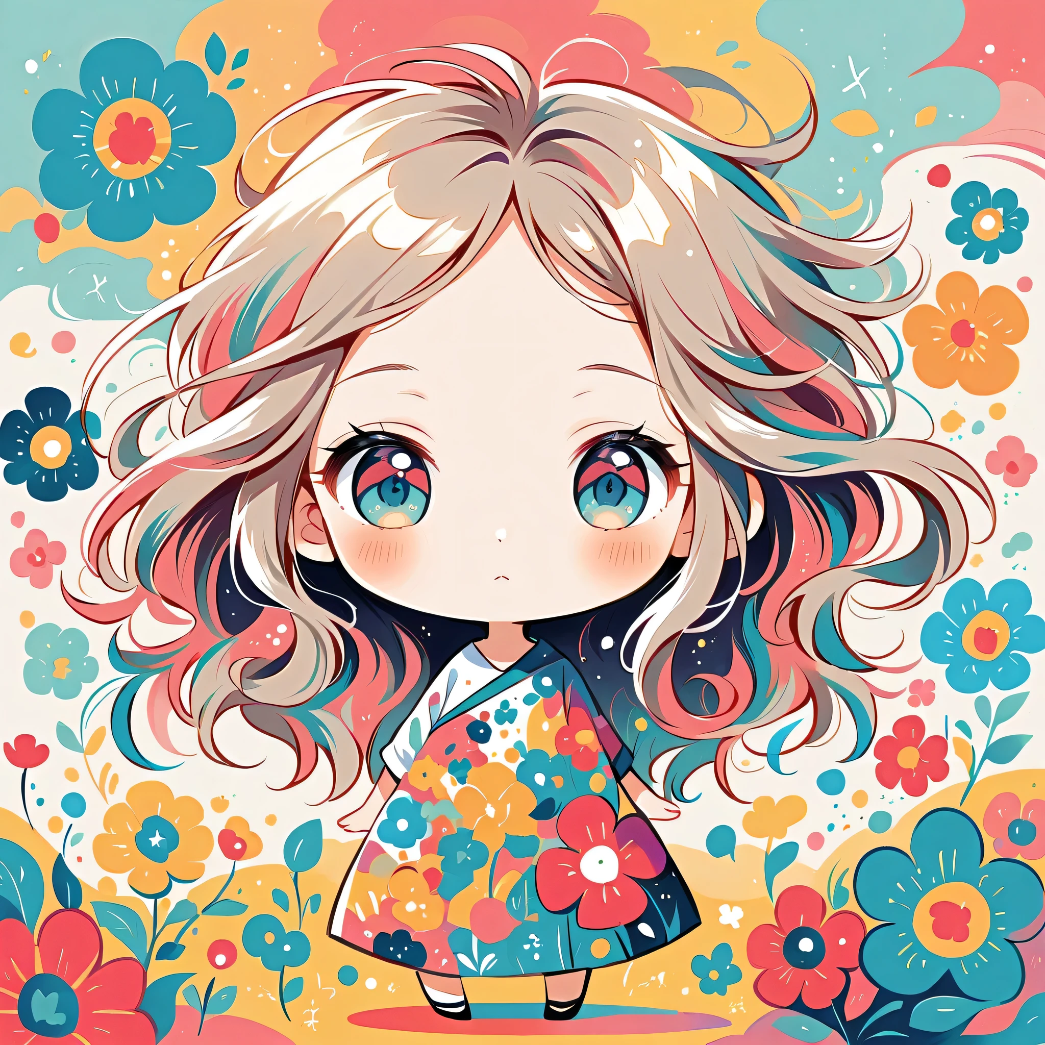 Momoko Sakura style, Standing in front of a high wall，Simple Line Initialism，Abstract art, (((The most beautiful girl))), (((chibi))), colorful flowers,