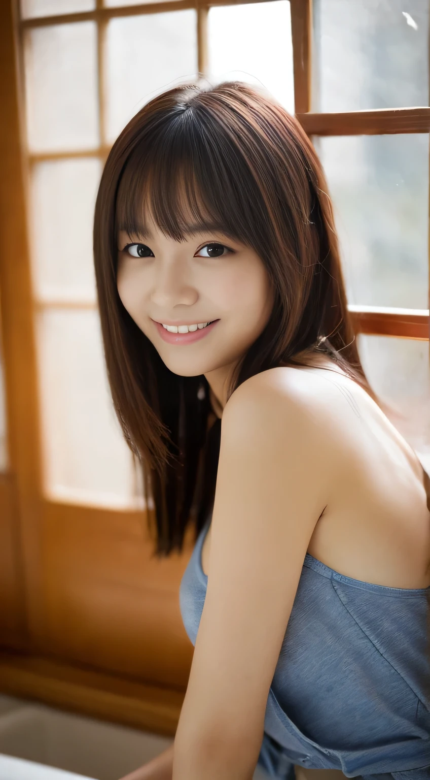 masterpiece,best quality,(Japanese ),((Beautiful girl)),cleavage,indoor,(perfect body beauty:1.2),(shy smile),beautiful teeth,
