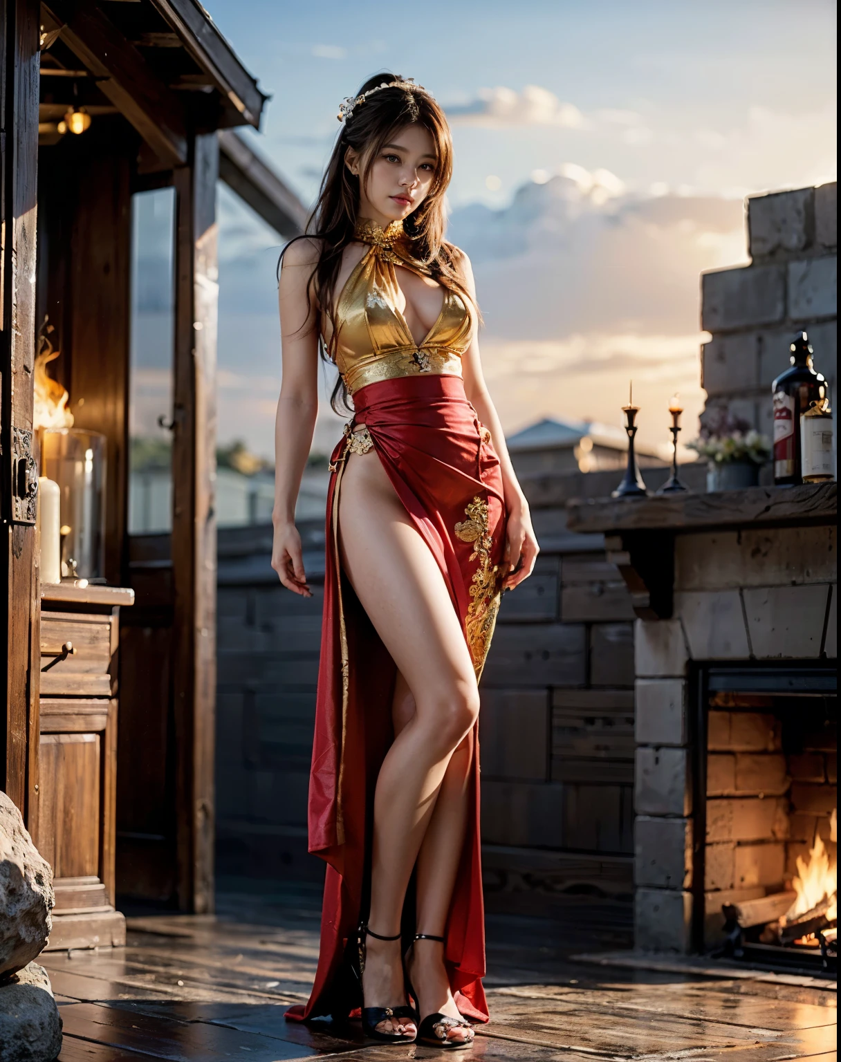 (Full body photo,Full-body display),((Great composition,Medieval battlefields,A woman wearing a loose gold silk skirt,Goddess of Fire,Behind her is a stone castle.,Shooting from below,Rich scene details,Smoke was floating everywhere,You can see a tall tower in the distance,The flames light up the sky red)),(Age 25,A solemn and stern expression,Protruding nipples),((Anatomically correct,8k, Very detailed, UHigh resolution, masterpiece, Very detailed, Attention to detail, high quality, Awards, 最high quality, High resolution, 4K, 8k, Accurate))