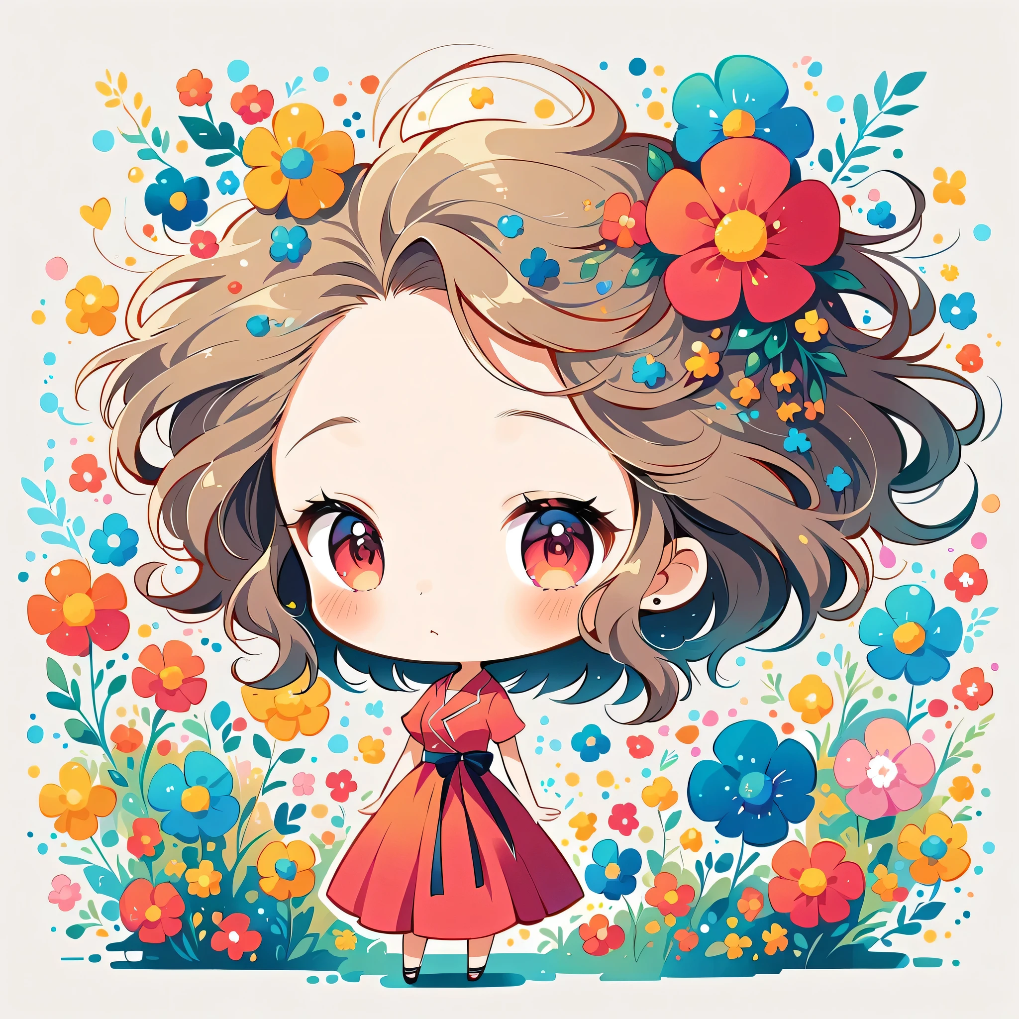 Momoko Sakura style, Standing in front of a high wall,Simple Line Initialism,Abstract art, (((The most beautiful girl))), (((chibi))), colorful flowers,