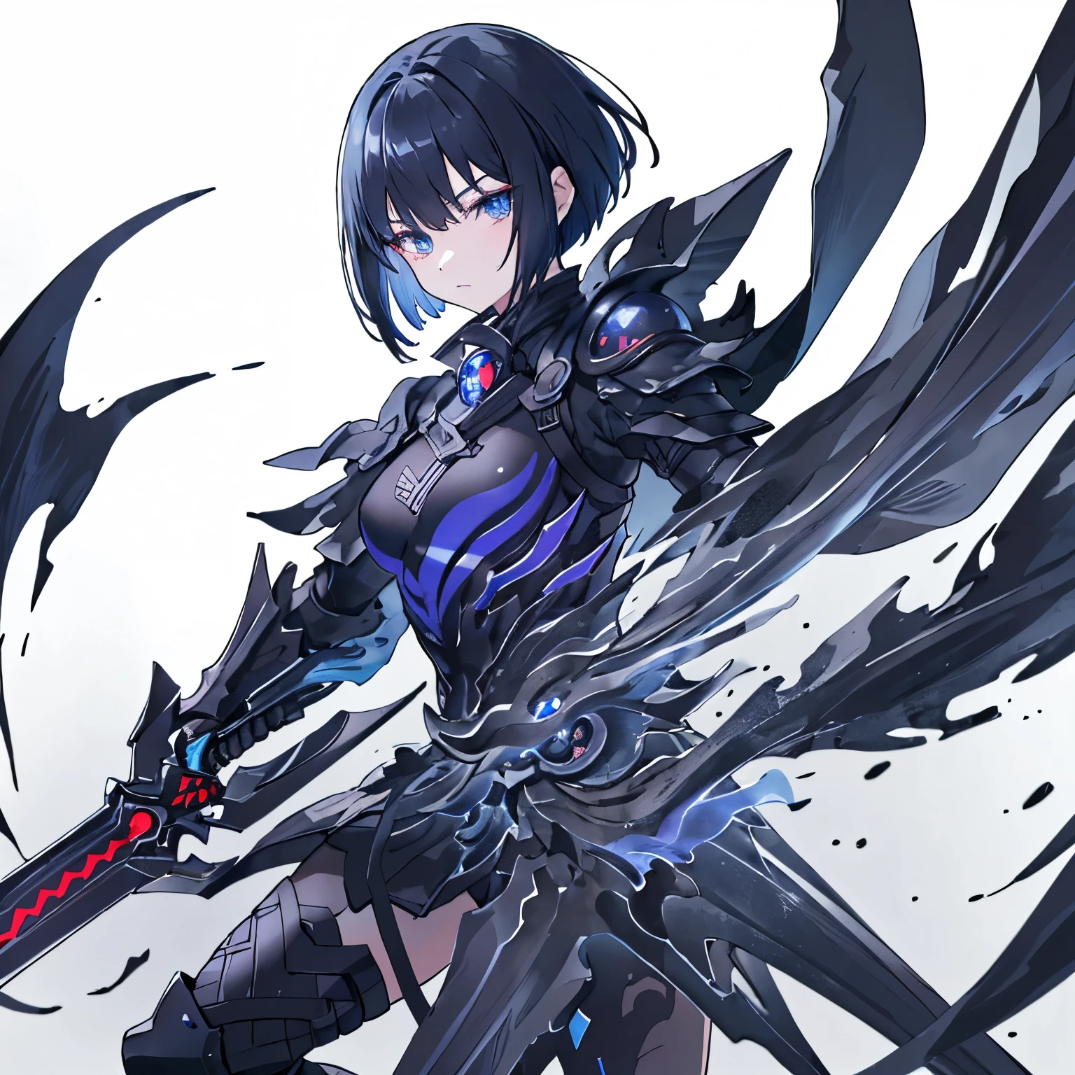 Tabletop, highest quality), (Perfect athletic body:1.2),,blue eyes、Black Hair、The inside of the hair is blue、Bobcut、Very detailed, Anime Style, whole body, Dual wields long black great swords, Wear tech boots, 8K High Resolution, Trend Art Station, White Background, Standing in the Wilderness, whole body,Dressed in a black jacket、The Woman of Arafed,A very beautiful samurai(masterpiece), highest quality, Expressive eyes, Perfect Face, Super detailed, One girl, alone