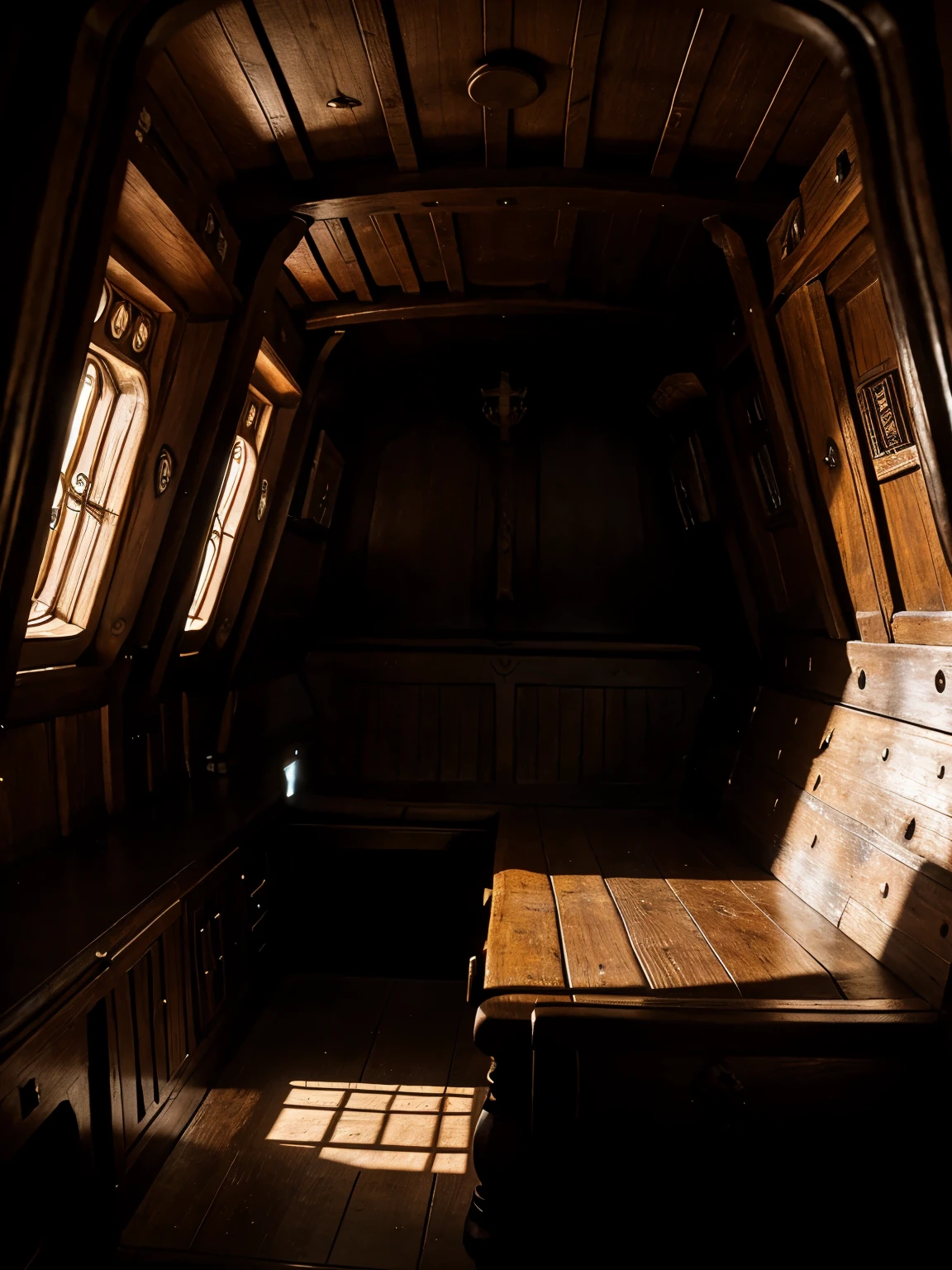 interior of a 15th century medieval galleon ship ,dark room