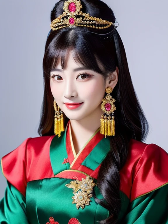 Close-up of a woman wearing a black dress, red and green, traditional chinese, Chinese style, Chinese woman, traditional makeup, Chinese girl, Chinese princess, Asian face, oriental face, Empress of China, Chinese dress, Chinese dress, traditional beauty, Southeast Asians with round faces, Inspired by Tang Di, Chinese heritage, Gorgeous Chinese model, traditional, beautiful oriental woman