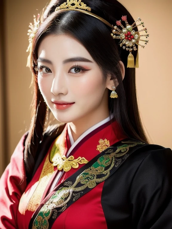 Close-up of a woman wearing a black dress, red and green, traditional chinese, Chinese style, Chinese woman, traditional makeup, Chinese girl, Chinese princess, Asian face, oriental face, Empress of China, Chinese dress, Chinese dress, traditional beauty, Southeast Asians with round faces, Inspired by Tang Di, Chinese heritage, Gorgeous Chinese model, traditional, beautiful oriental woman