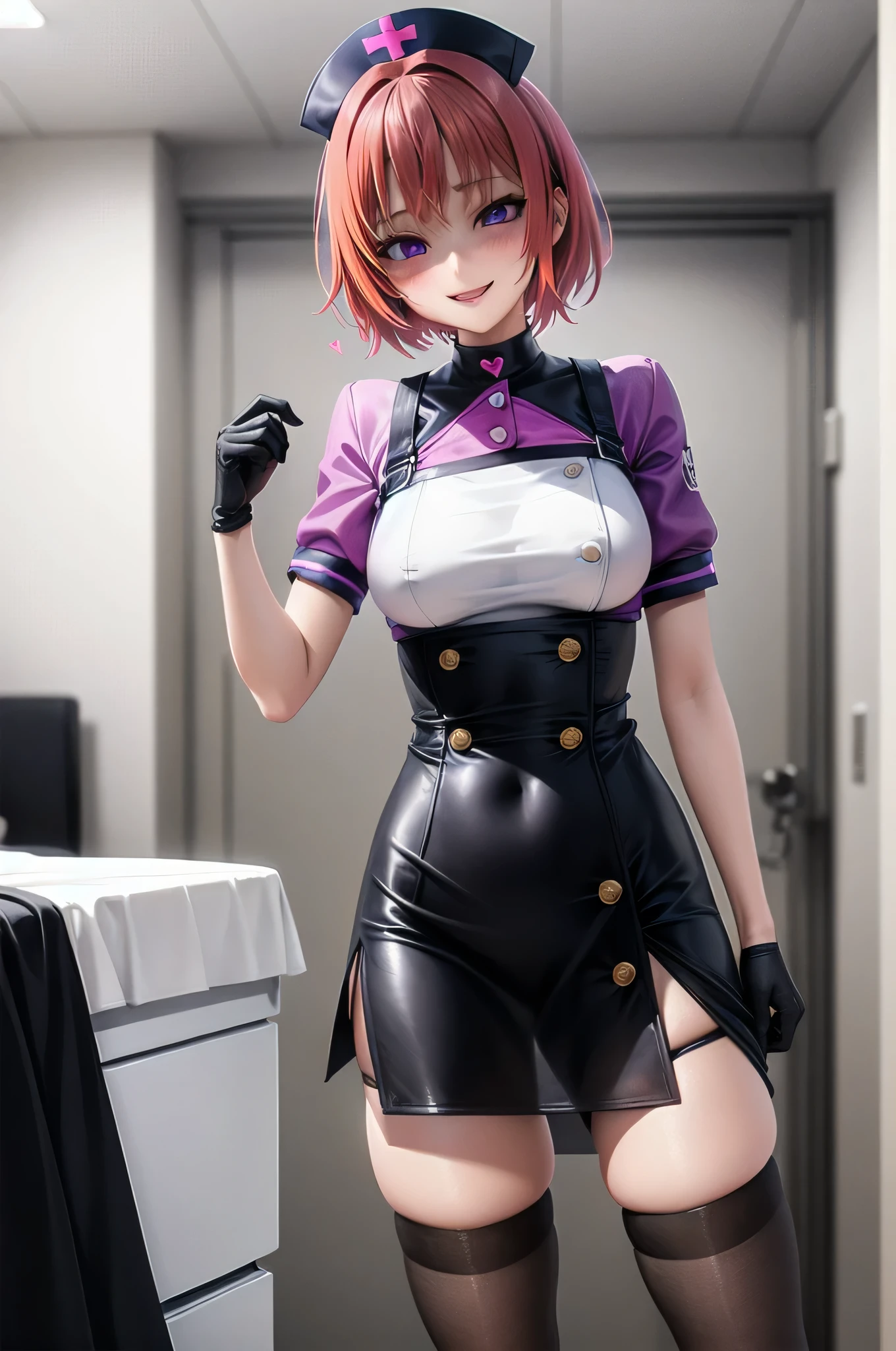 One Girl, alone,Black Nurse, black nurse cap, Black clothes, ((Black legwear, zettai ryouiki)), Black gloves, Very short hair, Orange Hair, smile, Open your mouth, Are standing, ((Hospital room)), Sharp contours, Short sleeve, Tomboy, boyish, highest quality, masterpiece,facial,Heart symbol、uterine orifice、Fertilization, Glasses,Voice of the Heart,Breast milk,Ecstatic expression、yandere、Until death、Purple eyes,blush、Downward shot
