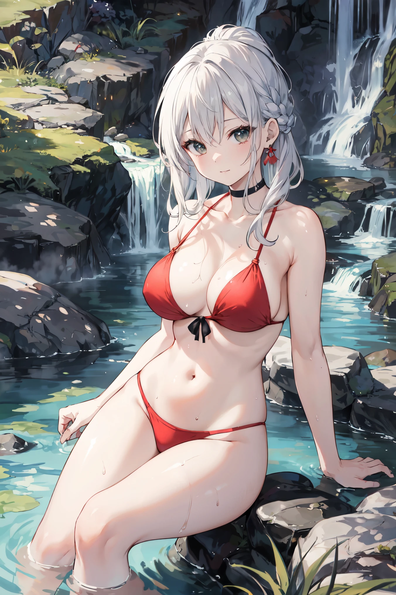 Silver-haired girl drawn in high resolution Japanese anime style、Realistic background blur that looks like it was taken with a high-performance camera.、Please provide high quality illustrations........。Beautiful woman soaking in a hot spring with a relaxed expression.、The steam rising from the bathtub is beautifully depicted.....................。Attention to detail in hair and skin、There are no houses around、quiet､Enjoy the natural texture。Communicating the atmosphere of a hot spring town、Please also draw the surrounding scenery and hot spring facilities.....................。Highlighting a beautiful girl in a red bikini。。。、Please draw an illustration that captures her charm.....................。Wakame seaweed、Wakame seaweed、Wakame seaweed、Wakame seaweed、Wakame seaweed、Wakame seaweed、