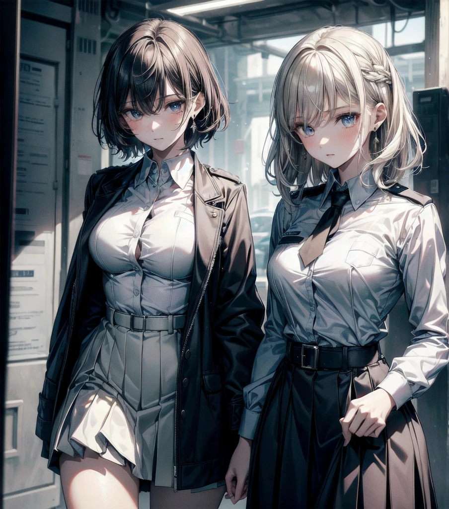 absurdres, RAW photo, extremely delicate and beautiful, masterpiece, Best Quality, ultra high resolution, 32k, hyperrealistic, ultra-detailed, detailed description, perfect anatomy, pale skin, 20 years old, detailed beautiful face and eyes, tearful mole, earring, short medium hair, wavy hair, random colored hair, whole body shot, colossal tits, ((yuri)), (((2 girls))), ((police uniform)), collared shirt, skirt,