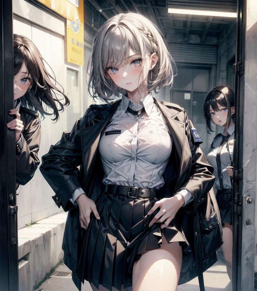absurdres, RAW photo, extremely delicate and beautiful, masterpiece, Best Quality, ultra high resolution, 32k, hyperrealistic, ultra-detailed, detailed description, perfect anatomy, pale skin, 20 years old, detailed beautiful face and eyes, tearful mole, earring, short medium hair, wavy hair, random colored hair, whole body shot, colossal tits, ((yuri)), (((2 girls))), ((police uniform)), collared shirt, skirt, 