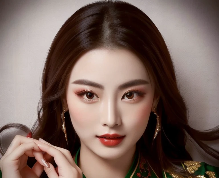 Close-up of a woman wearing a black dress, red and green, traditional chinese, Chinese style, Chinese woman, traditional makeup, Chinese girl, Chinese princess, Asian face, oriental face, Empress of China, Chinese dress, Chinese dress, traditional beauty, Southeast Asians with round faces, Inspired by Tang Di, Chinese heritage, Gorgeous Chinese model, traditional, beautiful oriental woman