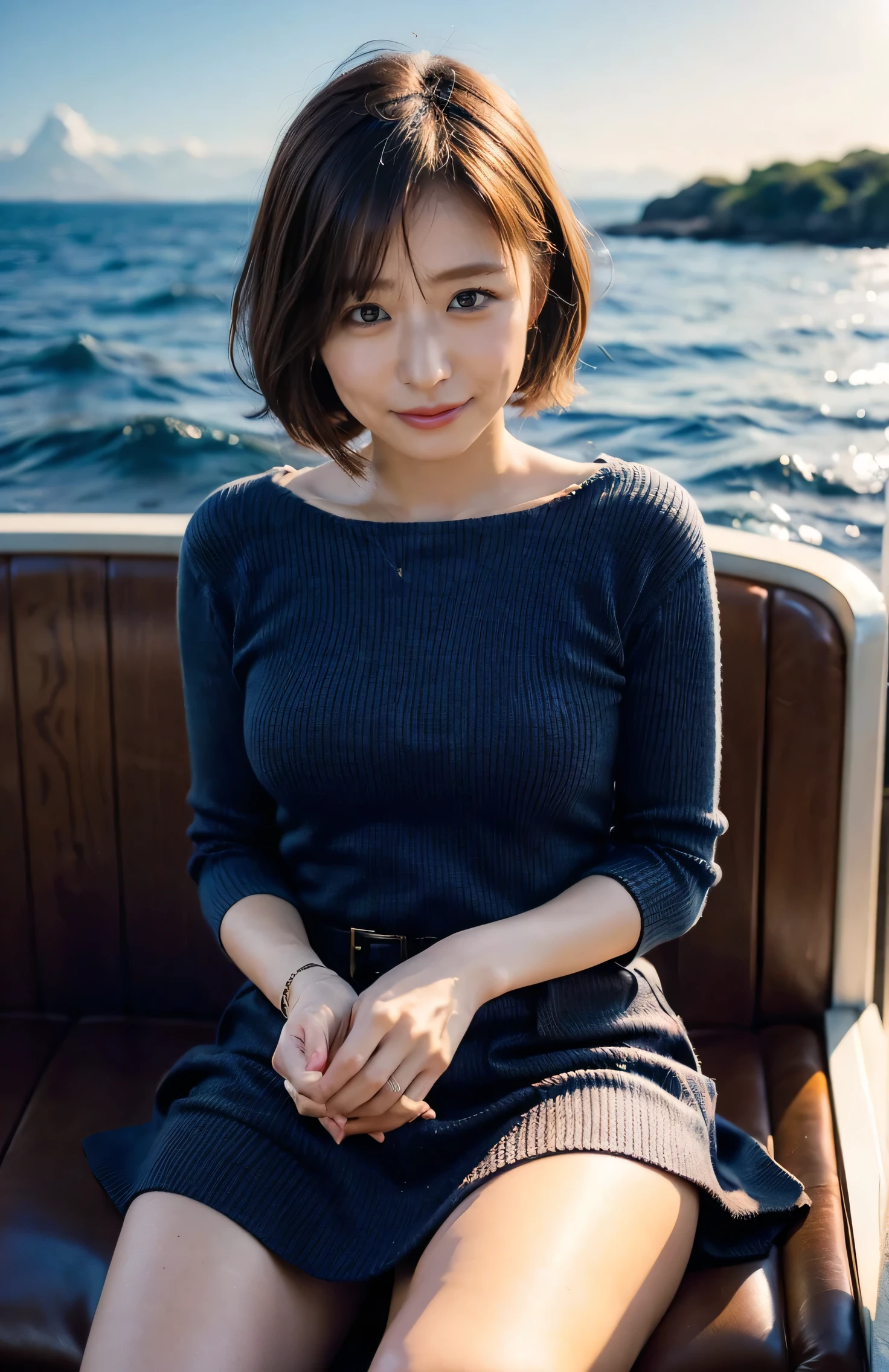 The sky turns red、Woman standing on a boat、Light brown hair、Elegant hairstyle、Blue Eyed Woman、A woman with a cute upward gaze、When the sky gets dark、The gentle light of the ship shines、The sky turns red as the sun sets、Tight clothing that shows your body lines、、Elegant navy blue summer knit、A classy black summer sweater、belt、Short skirt、Dress elegantly着こなす、Luxury Bags、、（（Medium Short Hair:1.4））、Skyscrapers seen across the sea、Manhattan 私sland is visible offshore、Woman on a sightseeing boat、、The sun shines on her、Light brown hair、Light brown hair、The sky was dyed red、There are clouds、private's cute、An elegantly dressed woman is sitting on a boat and watching the sunset、Her ample breasts are obvious even through her clothes..、The shining sun is so beautiful、Dusk is approaching、Lens flare、I can see the sunset、（（Sunlight reflecting off the ocean、Ocean View、The sun shines on the sea、&#39;beautiful.、Small earrings、private&#39;evening、Birds are also flying、、Brown Hair Color、Tying up hair、The woman is on the right:1.4））、High-quality leather belt、Shiny clothes、Light beige hair color、Background Blur、Braid only the front hair、Light brown hair、｛｛Cowgirl Shot｝｝、（（Close-up shot from the waist up、Ample breasts:1.4））、Smile、Silk clothing、Ample breasts that can be seen even through clothes、Braid only the front hair、Cowboy Shot、Gorgeous white collared silk shirt and brown skirt、Dress elegantly、Luxury Bags、A lovely smile、（（Ample breasts））、Full body photo、ring、Short skirt、Tuck your hair behind one ear、Silver Necklace、smile、 Elegant ponytail、Caustics、Highly detailed photos、Very beautiful and ideal short hair、Super no makeup、(8k、RAW Photos、highest quality、masterpiece:1.2)、(Realistic、Realistic)、1 girl、((Medium Short Hair、Looking into the camera:1.4))、Hair blowing in the wind

