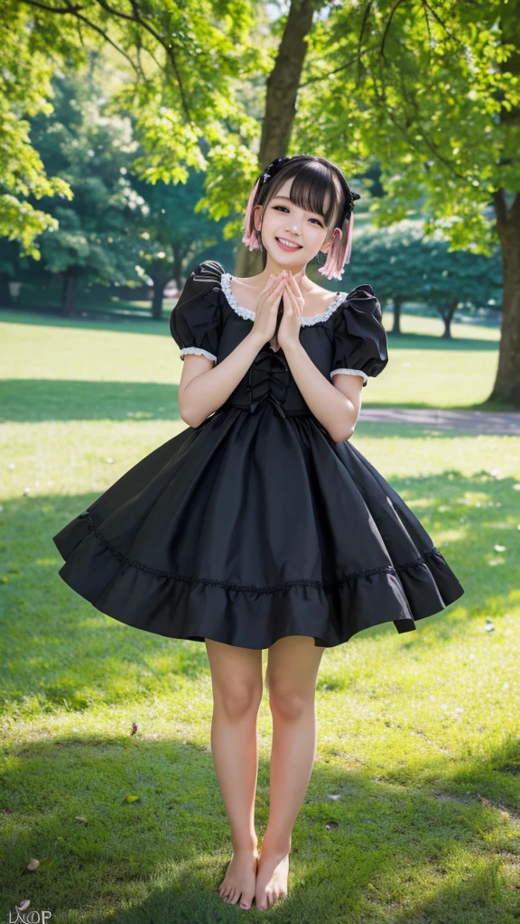 (8k, Photorealistic, Raw photo, Highest quality: 1.4),Japanese idol style１Beautiful girl of the person,18-year-old,Short Bob,Silver Hair,Hang your hair over your ears,Wearing shell earrings in her ears,Big, clear grey eyes,Long eyelashes,Tear bags,There is a blackhead under the left eye,Plump Cheeks,Pink lip gloss for glossy, plump lips,Smiling with the corners of his mouth turned up,Wearing black nail polish,barefoot,Wearing a black Gothic Lolita dress,Standing on the grass under a tree in the park,She is lifting her skirt with both hands and spreading it out to the left and right,She is surrounded by the gentle sunlight filtering through the trees.,Full body portrait,View from below,Looking down at the camera