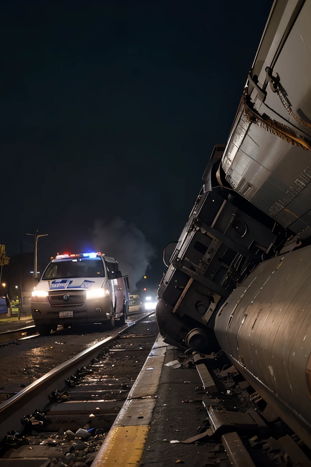 An overturned train with many policemen accompanying it