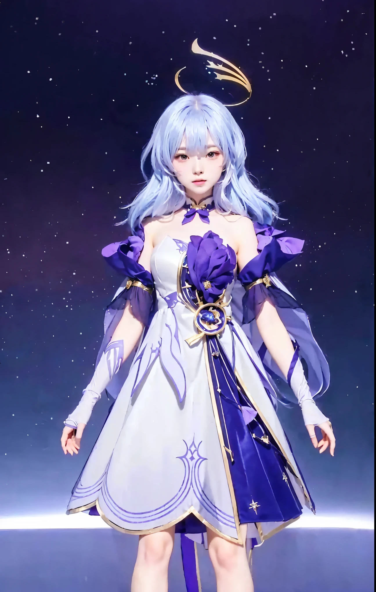 The anime character is dressed in a purple outfit with a halo., portrait Knight of the Zodiac, Ayaka Genshin Impact, Keqing from Genshin Impact, beautiful heavenly mage, astral witch clothes, Knight of the Zodiac, Ayaka Genshin Impact Game, Genshin Impact Characters, Full picture of the elementalist, Zhongli from Genshin Impact, Official character art, beautiful girls, very detailed pictures, 8k, great work.