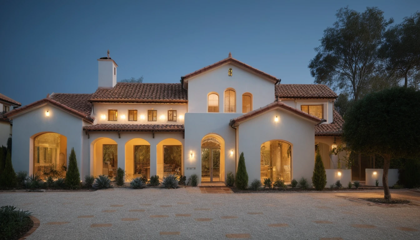 When design a MEDITERRANEAN EXTERIOR house, exterior design, (dark blue roof:1.1), (roof tile:1.2), (|Dark sky background| at night) (MEDITERRANEAN style:1.1), |brick wall|, ((Iron with artistic patterns detail:1.3) designed to make railings, windows),(xingfa door), (curved arch:1.35), (white wall), (nigh light:1.3), (night view:1.3),designed to make gates, railings, windows), The house bathed in natural nightlight and has warm LED lighting. Super sharp like photos taken with a professional camera, color block wall detail, (|color block materials| in MEDITERRANEAN house), white color block MEDITERRANEAN house (((volumetric light))), (outdoor ceiling spotlight:1.2), (Exterior night reverse lights:1.2), (| MEDITERRANEAN cornice|), The focal point of the room the warm LED light with a color temperature of 3600k,|reverse lights| illuminate the columns around the house, night, 8k uhd, dslr, soft lighting, high quality, film grain, Fujifilm XT3 day, 8k uhd, dslr, soft lighting, high quality, film grain, Fujifilm XT3, The ambient lighting highlights the textures and details, creating a stock photo-like atmosphere, (((Best Quality))), ((Masterpiece)), ((best illustration)), ((best shadows)), ((Super Detail)), (Intricate lines), (Photorealism),(hyper detail), ((archdaily)), ((award winning design)), (dynamic light), ((day)), (perfect light), (shimering light), (hidden light), ((photorealistic)), ((FKAA, TXAA, RTX, SSAO)), ((Post Processing)), ((Post-Production)), ((CGI, VFX, SFX)), ((Full color)) ,((Unreal Engine 5)), ((intricate detail)), ((extreme detail)), ((science)), ((hyper-detail)), ((super detail)), ((super realistic)), ((crazy detail)), ((octane render)), ((Cinematic)), ((trending on artstation)), ((High-fidelity)), ((Viwvid)), ((Crisp)), ((Bright)), ((Stunning)), ((Eye-catching)), ((High-quality)),((Sharp))((Bright)), ((Stunning)), Natural, ((Eye-catching)), ((Illuminating)), ((Flawless)), ((High-quality)),((Sharp edge render)), ((medium soft lighting)),