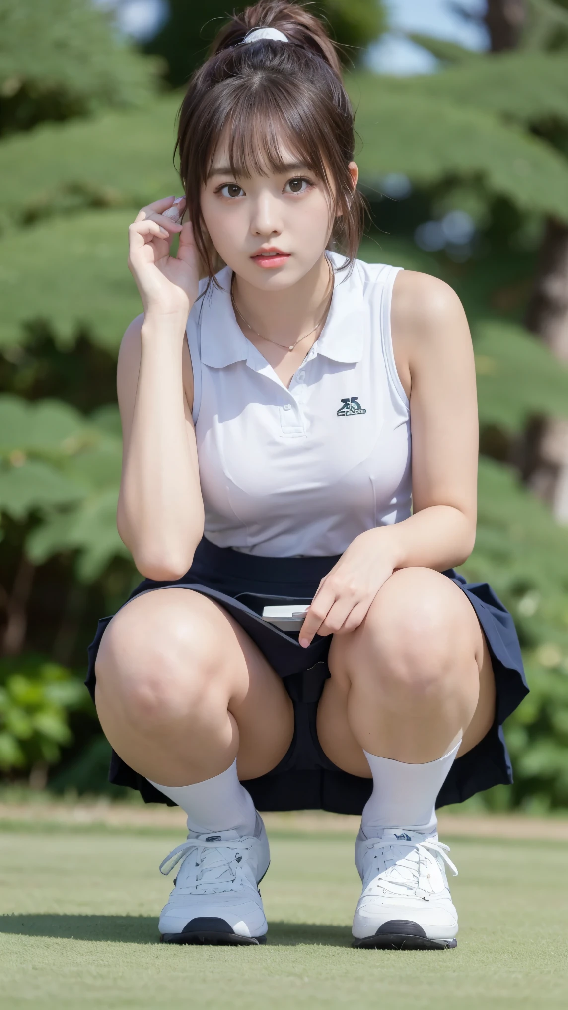 (((Masterpiece,highest quality,Highest quality,8k))),((Ultra-high resolution,Extremely detailed)),(Draw in detail),Hyper Quality,Beautiful Japanese woman in golf wear, Female college student,Gal,detailed bodyline,Golf course,Professional Golfer,Golf club,Beauty,sexy,glamorous,tall,Light brown hair,ponytail,Large Breasts,G-Cup,Big Ass,Sun visor,Sleeveless Polo Shirt(Wearing clothes next to the skin),mini skirt,Knee-high socks,squat,Get down on one knee,Live Action, Skirt flip, (A woman looking at the putting line on the green)