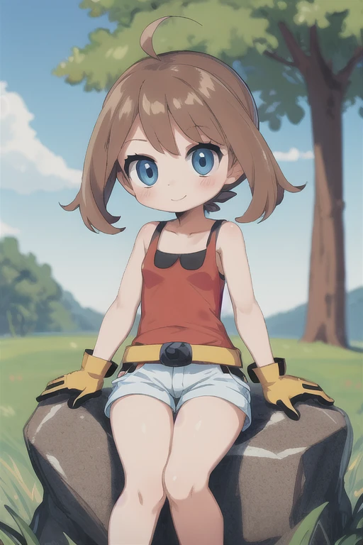 (masterpiece, highest quality:1.2), One girl,  May \(Pokemon\) Brown Hair, blue eyes, gloves, Shorts, Red Tank Top, belt,  Chibi Cute, Chibi Style, Nature background, sitting on a stone