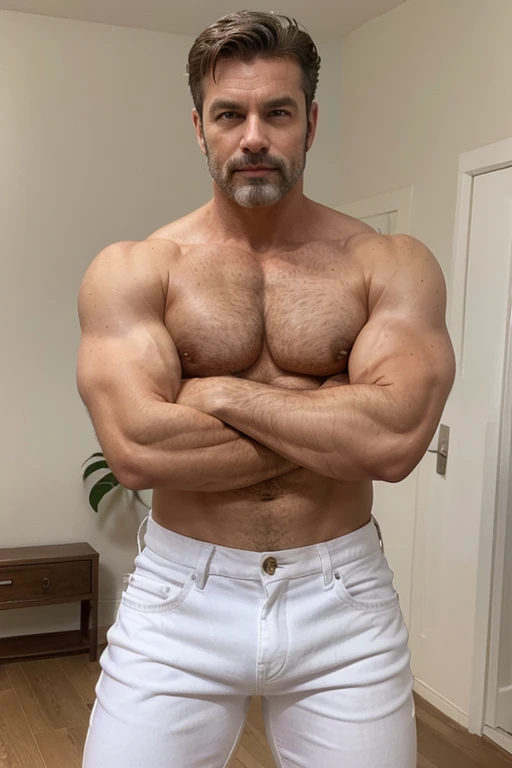 handsome mature man in his 50s,white man with a tanned complexion,(well-defined pecs and arm muscles),full body, facial hair styled into a neatly groomed beard,(intelligent and alluring eyes),a captivating, symmetric face with strong and defined facial features,a confident smirk on his lips,giving off an air of wisdom and rugged charm,beefy build that emanates strength and vitality. ((Full body)), white jeans