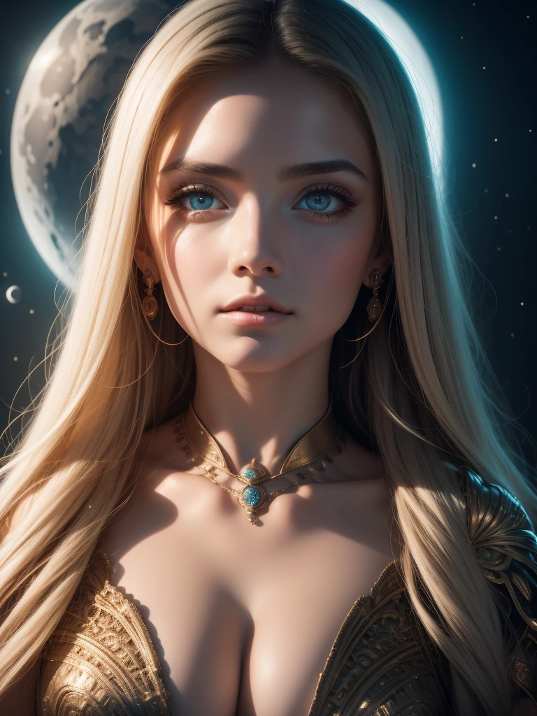 （Best quality，Ultra - details，best illustration，best shadow，the masterpiece，a high resolution，Professional illustrations，famous works of art），detailed eyes，beautiful eyes，Cleavage close up，Sci-fi，colored sclera，robot eyes，marks on the face，Tattooed with，（fractalized，fractal eyes），big eyes，Eyes wide open，（eye focus），focus on the face，cosmic eyes，cosmic eyes，Close-up of a metal sculpture of a woman with the moon in her hair，welcome。Extremely high detail，3D Portrait Goddesses，Extremely detailed depictions of the goddess，stunning portrait of a goddess，Side image of the goddess，Portrait of a beautiful goddess，Full length portrait of the goddess.，The goddess Hekta，Portrait of the Scandinavian moon goddess，Goddess of space and time